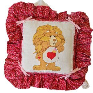 Vintage 80s 90s Carebears Pillow Brave Heart Lion Cross Stitch‎ Ruffle Floral